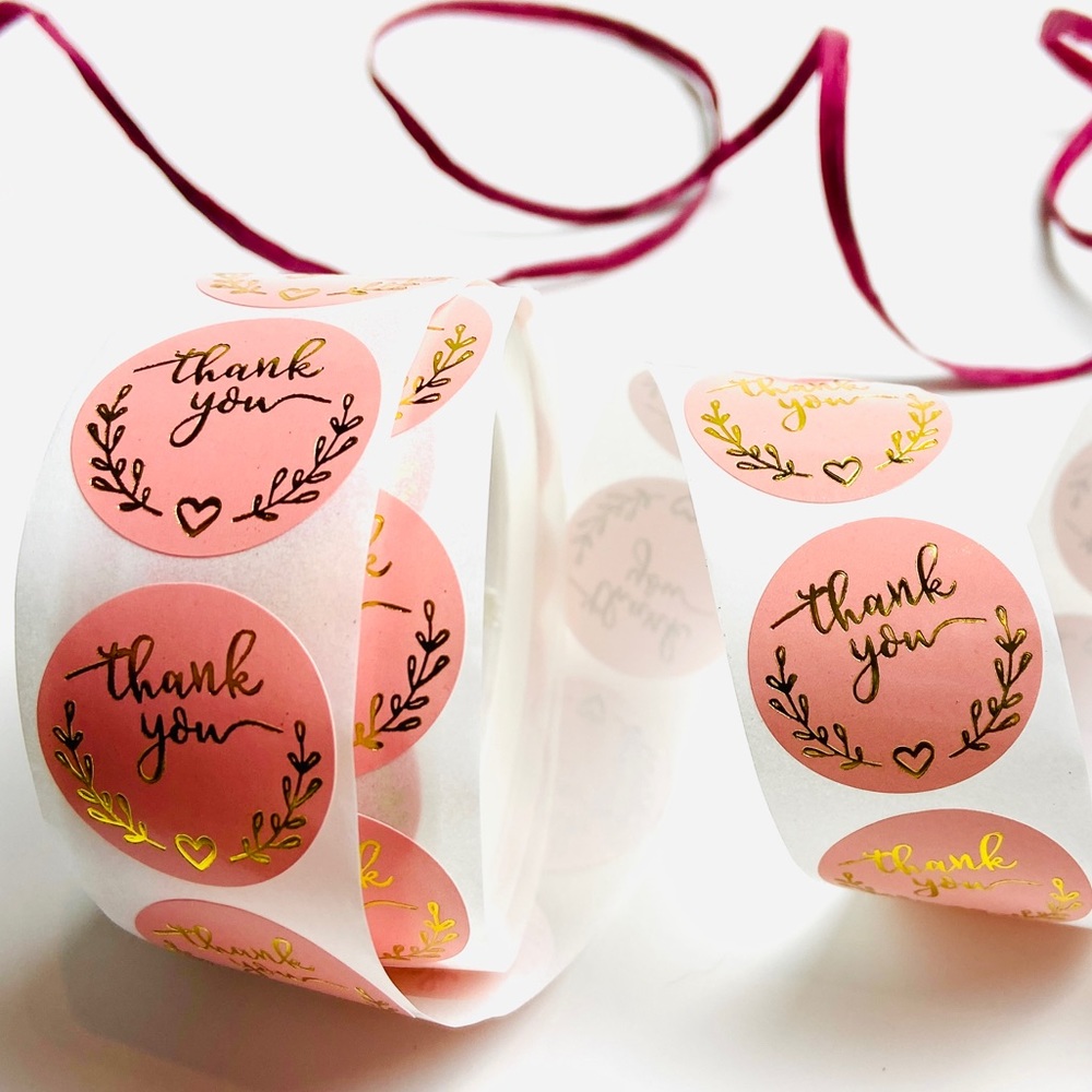500 roll pink gold foil thank you stickers